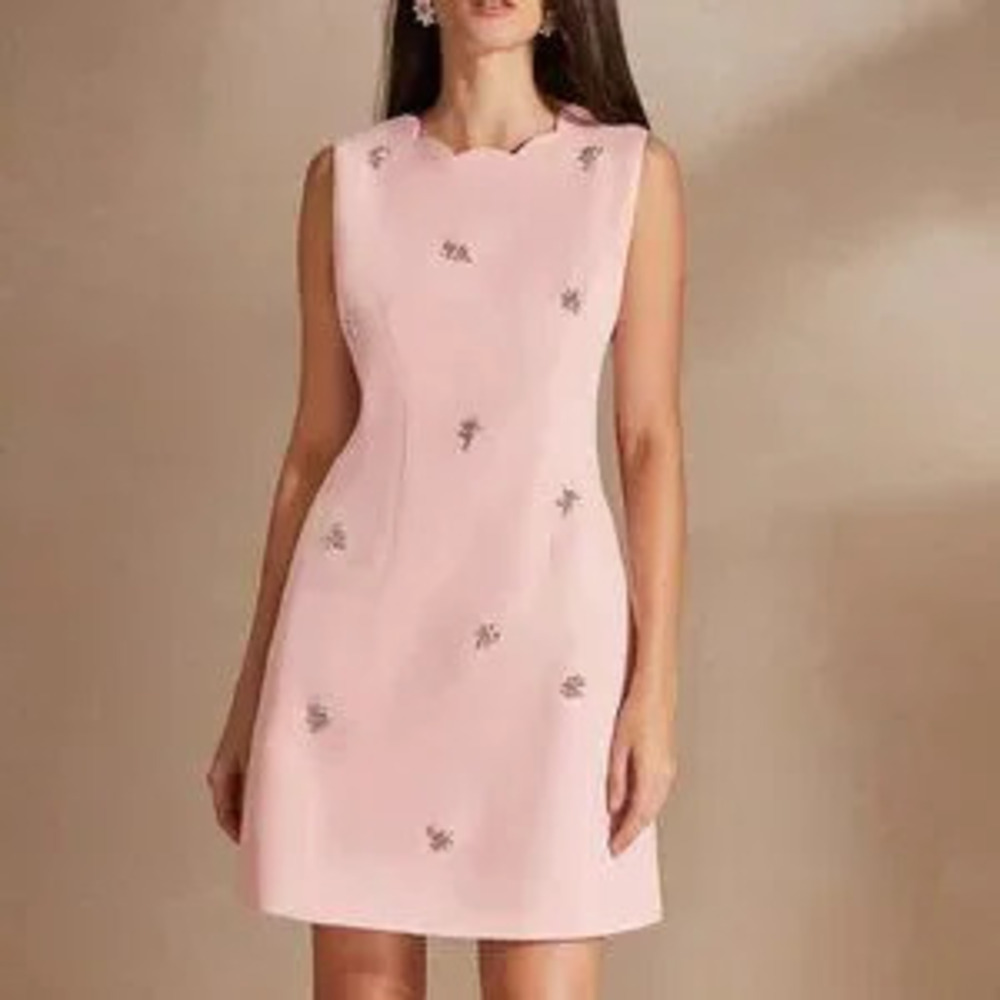 ZARA Baby Pink Elegant Women's Sleeveless Round Neck Embroidery Summer Dress